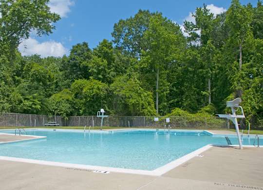 A large swimming pool surrounded by a fence and trees.
