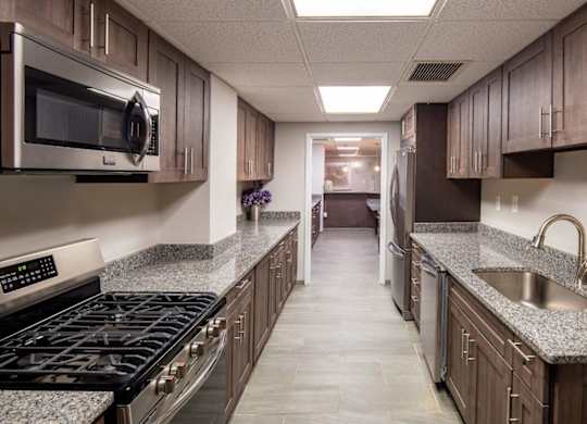 A kitchen with a black stove top oven and a microwave above it.