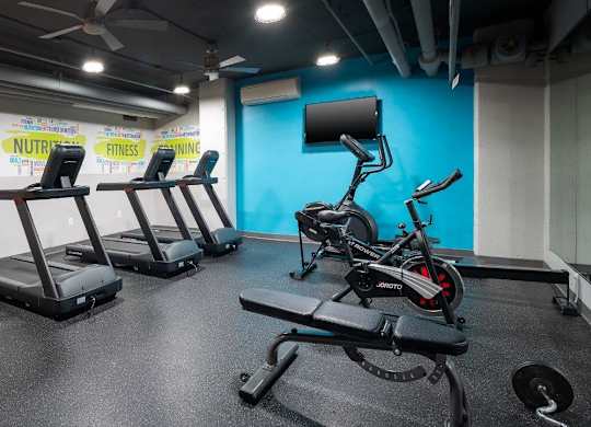A gym with a row of treadmills and a row of stationary bikes.