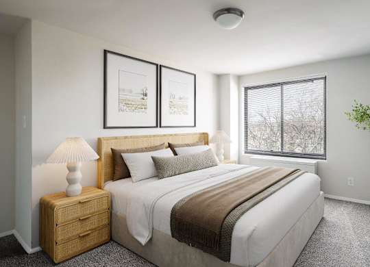 A bedroom with a large bed, a nightstand, and a plant.