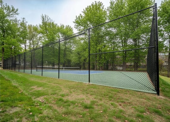 A tennis court is enclosed by a black fence.