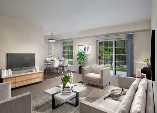 a rendering of a living room with a couch and a television