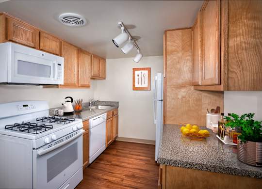 a kitchen with white appliances and wooden cabinets and a counter top
