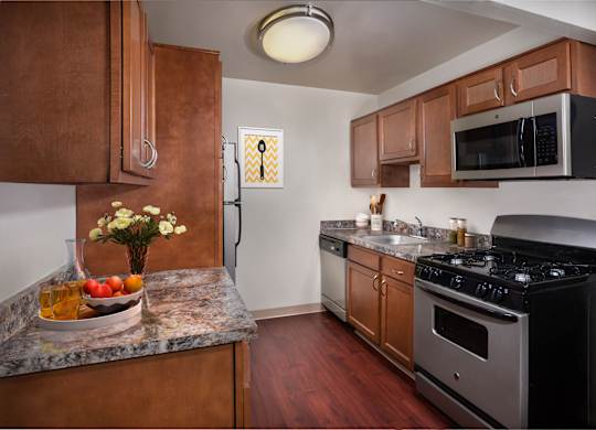 a kitchen with stainless steel appliances and wooden cabinets
