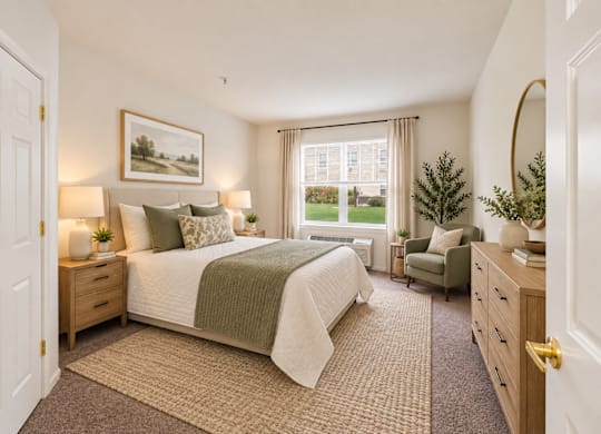 A bedroom with a large bed, a chair, and a painting on the wall at River Point Apartments, Essex
