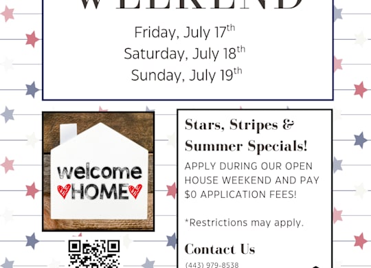 A poster advertises an Open House Weekend at Aspen at Lake Trail, featuring special summer specials.
