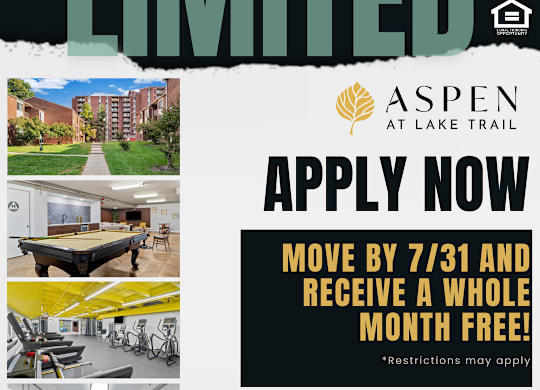 A poster advertising a limited time offer for Aspen at Lake Trail, including a free month if you move by a certain date.