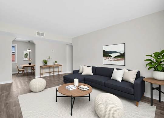 Spacious living room with modern furnishings at Highland Ridge Apartments, Maryland, 20743