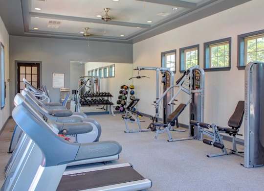 the gym is equipped with cardio equipment and weights at Century Lakeshore Crossings, Alabama