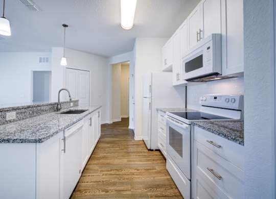 a kitchen with white cabinetry and granite countertops  at Century Avenues, Lakeland, 33813
