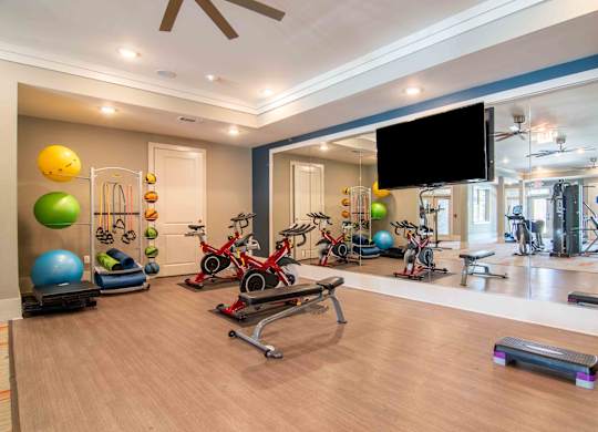 a gym with exercise equipment and a tv on the wall  at Century New Holland, Gainesville, 30501