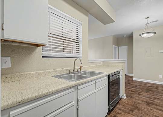 A kitchen with a sink, dishwasher, and a window with blinds.