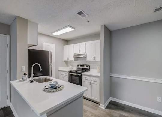 a white kitchen with a sink and a refrigerator at The Sapphire, Decatur