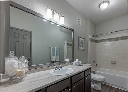 a bathroom with a large mirror and a sink and a toilet at Century HomePlace, Prattville, AL 36066