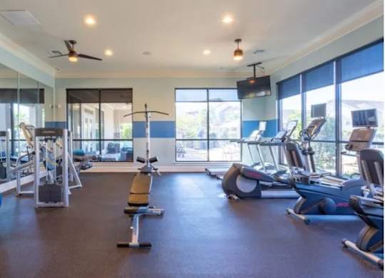 a gym with cardio machines and weights on the floor and large windows at Century HomePlace, Prattville, AL