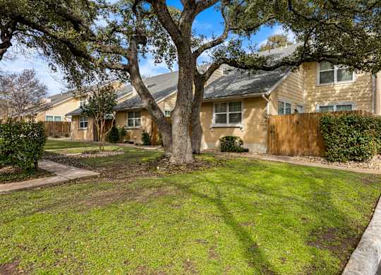 A tree in a yard in front of a house.
