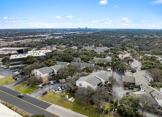 A view of a town from a high vantage point.