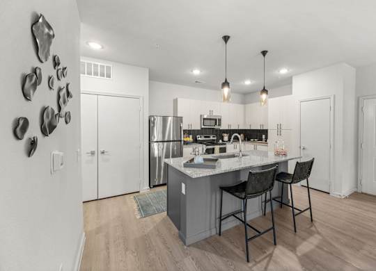 A kitchen with a white counter and a sink. at Bridge at Tech Crossing, Austin, 78753
