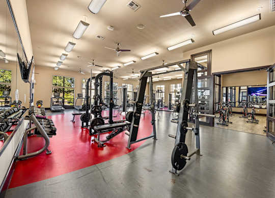 A gym with a variety of equipment including weights and machines. at The Royce at 8100, Austin, TX, 78729