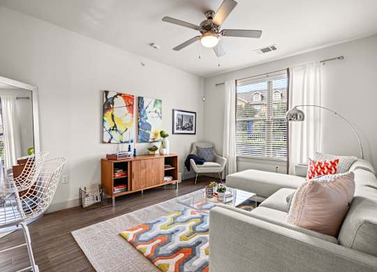 A living room with a grey couch and a multicolored rug. at The James on South First, Austin, TX, 78748