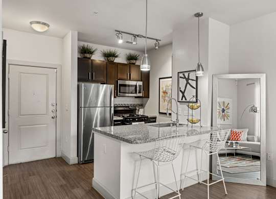 A kitchen with a whi at The James on South First, Austin, TX