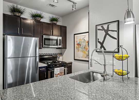 A kitchen with a stainless steel refrigerator and a granite countertop. at The James on South First, Austin, TX, 78748
