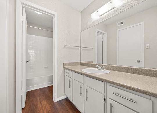 A bathroom with a sink, mirror, and cabinets. at Montecito, Texas, 78741