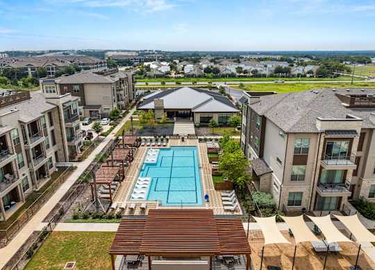 Pool Aerial View at The Haywood Apartments, Austin, TX