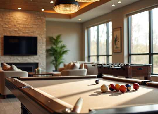 A pool table in a room with a fireplace and a television.