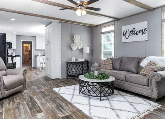 a living room with two couches and a coffee table