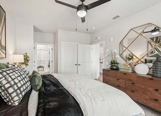 Furnished living room in two bedroom apartment model