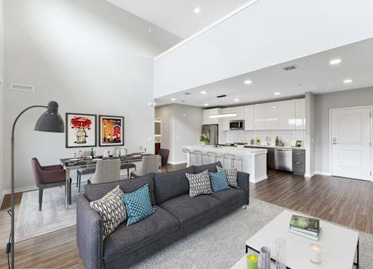 A modern living room with a grey couch and a coffee table.