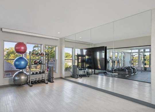 A gym with a mirror, exercise balls, and weights.