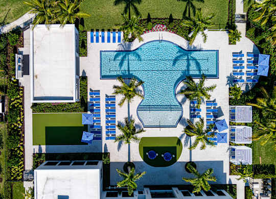 A swimming pool in the shape of a question mark is surrounded by palm trees.