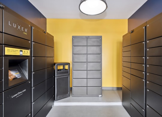 a locker room with dark brown lockers and a yellow wall