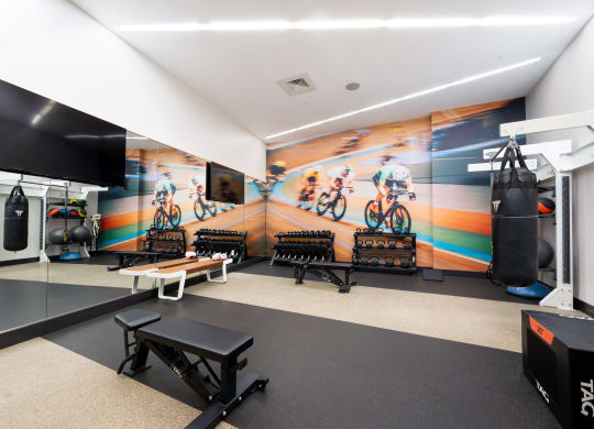 a fitness room with boxing equipment and a mural on the wall