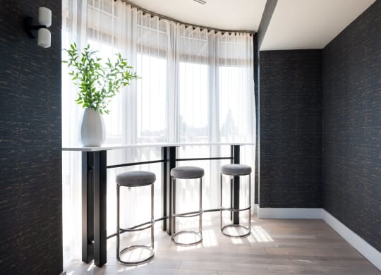 a row of stools in front of a window in a room