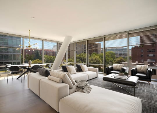 Apartment living room with expansive couch and dining