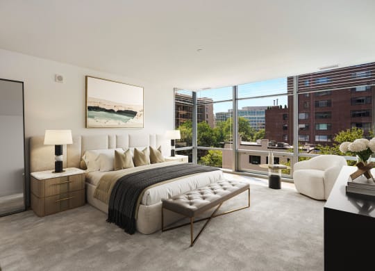 Large apartment bedroom with floor-to-ceiling windows