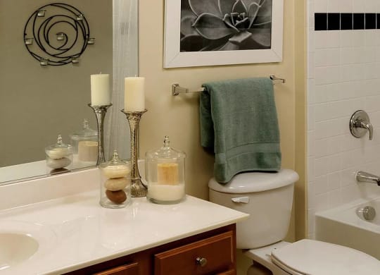 Soothing bathroom with an oversized mirror and tiled walls in the shower at Chesapeake Ridge, North East, MD