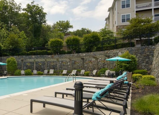 Pool View with chaise lounge chairs and landscaping at Chesapeake Ridge, North East