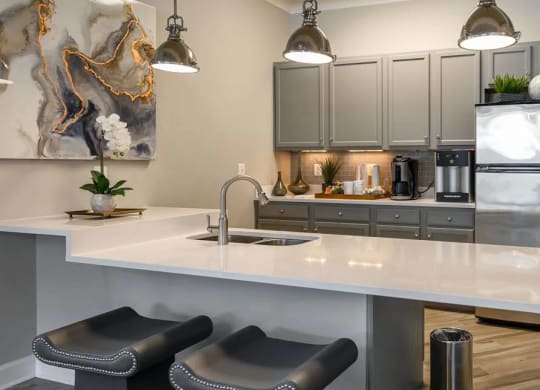 Demo kitchenette in the resident game room with pendant lighting, marble-look countertops, and bar stool seating at Chesapeake Ridge, North East