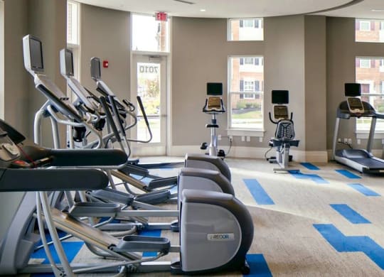 A gym with treadmills, elliptical machines and other exercise equipment.