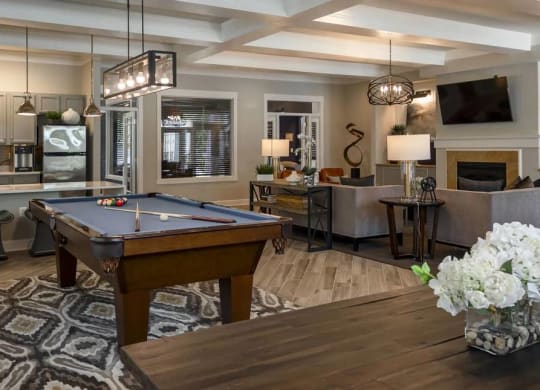 Game Lounge with Billiards Table and Patterned Rug on the plank flooring at Chesapeake Ridge, North East