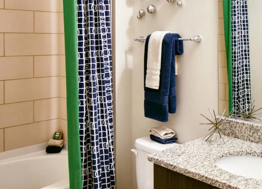 A bathroom with a green and white shower curtain.
