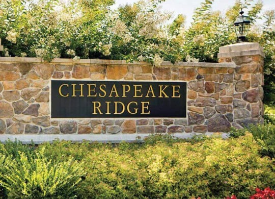 Property Welcome Sign with stone entrance and landscaping at Chesapeake Ridge, North East, 21901
