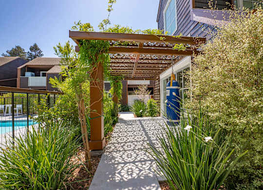 A garden pathway leads to a house with a pool.
