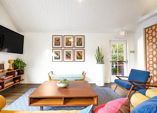 A living room with a blue rug and a wooden coffee table.