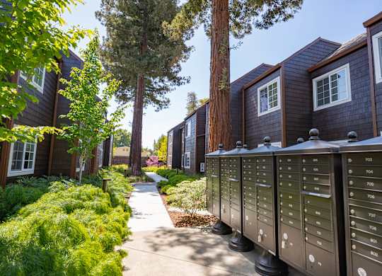 A row of mailboxes are on the sidewalk in front of a building.