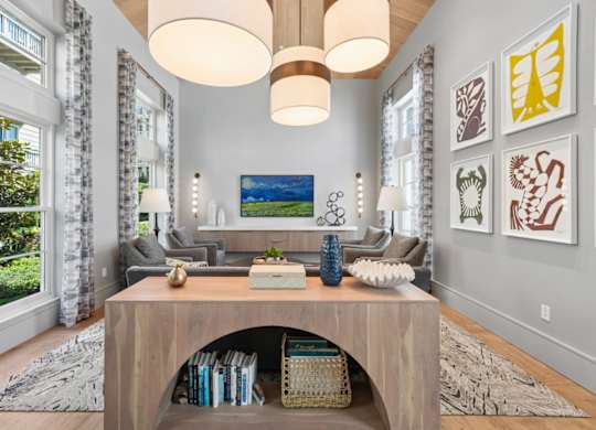 spacious clubroom with seating and decor